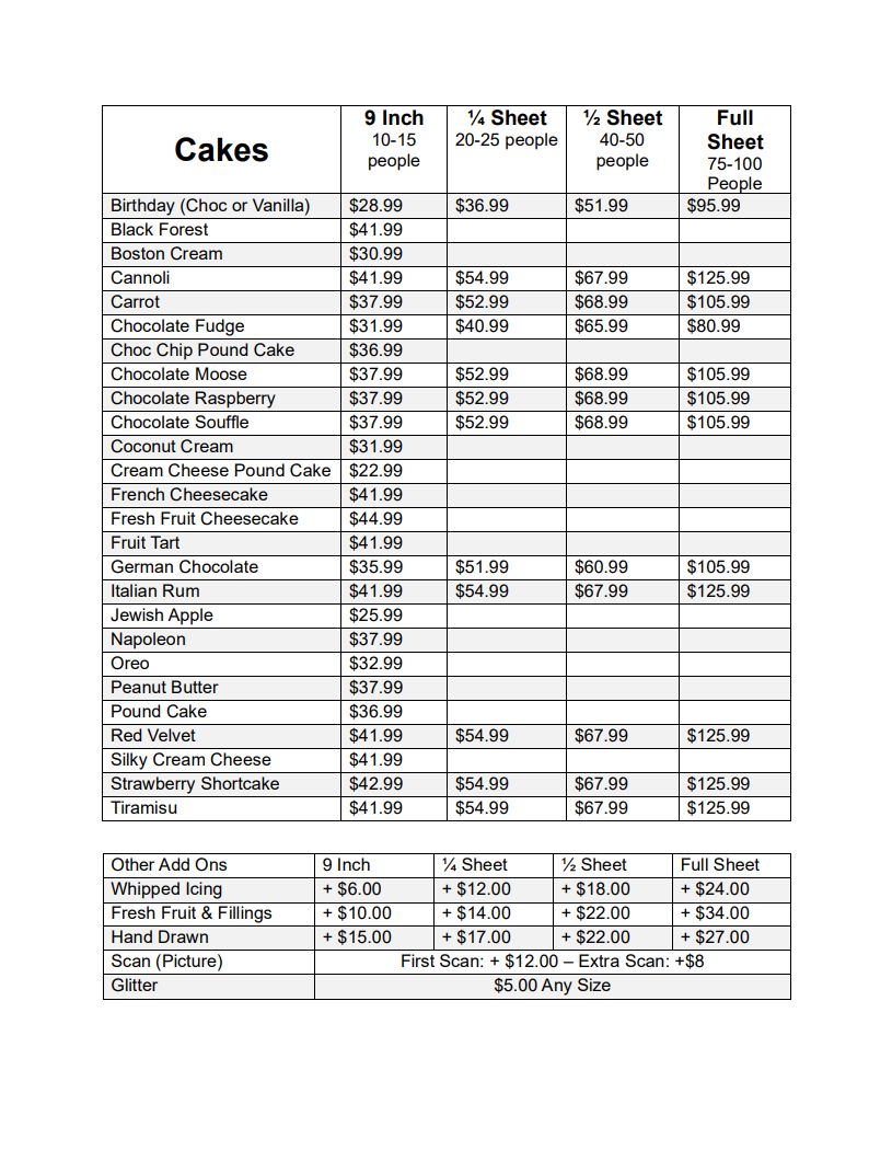 Cake Prices
